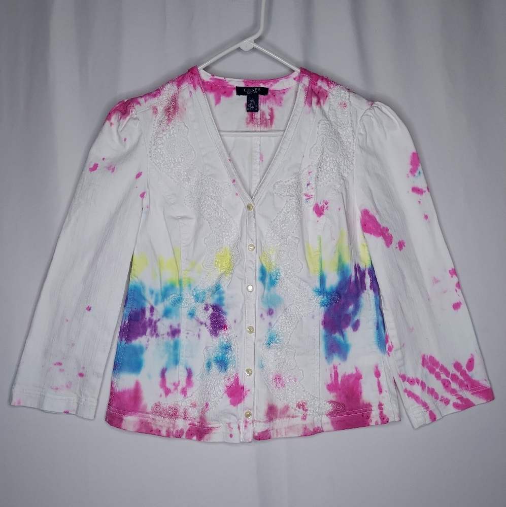 Chaps Denim Button Top Women Large Tie Dye‎ Lace 3/4 Coastal Y2K Shabby Chic